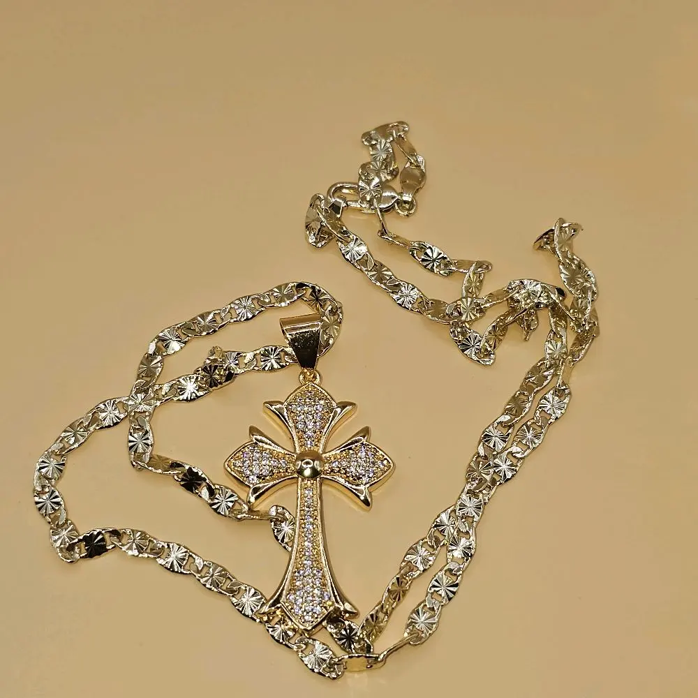 N22-Byzantine Clear Gemstones Cross Pendant with 4 mm 23.3 diamond cut style chain- made of copper 14 karat gold plated not a water resistant