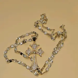 N22-Byzantine Clear Gemstones Cross Pendant with 4 mm 23.3 diamond cut style chain- made of copper 14 karat gold plated not a water resistant