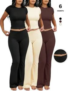 Women's 2 Piece Lounge, Slim Fit Short Sleeve Tops, Low Rise Flare Leggings, Yoga Pants, Yoga Sweatsuit Set, Comfortable and Stylish, Yoga Ready