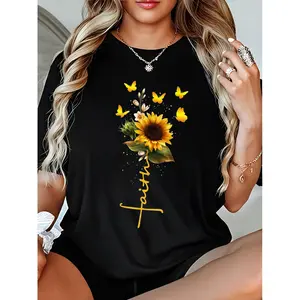 Faith Sunflower Print Summer T-shirt, Versatile Short Sleeve Crew Neck Top, Women's Clothing