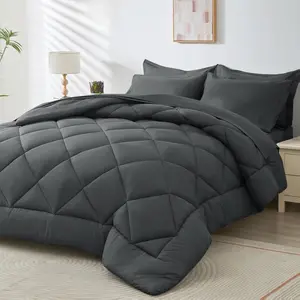 7 Pieces Queen Comforter Set, All Season Reversible Bed in a Bag Queen, Ultra Soft Queen Bedding Set with Grey Comforter, Flat Sheet, Fitted Sheet, Pillowcases, Pillow Shams, Dark Grey