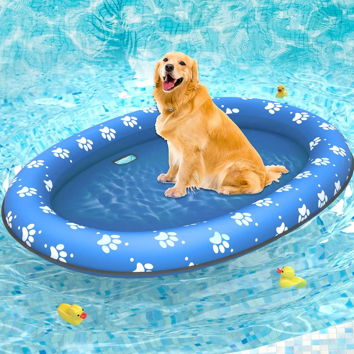 Portable & Inflatable Dog Water Float Raft - Fun Large Blue Paw Design, Sturdy Fabric Covering, Summer Water Play Pet Toy for Dogs, Great Present