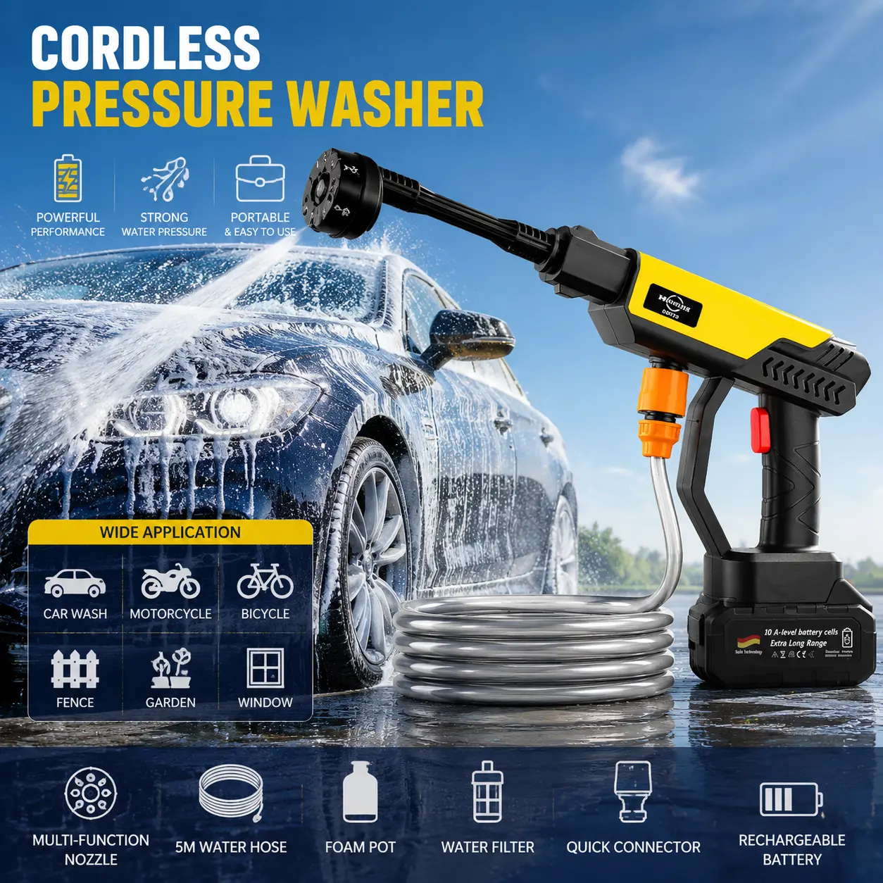 Portable Power CleanerCordless Pressure Washer Gun with 6-in-1 Nozzle, Portable High Pressure Car Washer, Rechargeable Battery Powered Cleaning Tool for Cars, Driveways, Patio, Garden & Outdoor Use#PressureWasher #CordlessWasher #CarWash #CarDetailing, Po