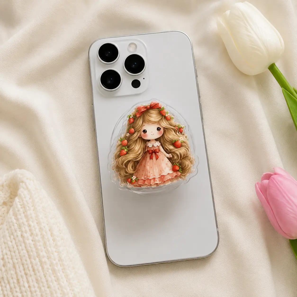 Cute Strawberry Doll MagSafe Phone Grip – Kawaii Girl Magnetic Phone Holder & Kickstand – Coquette Phone Accessory Gift for Her