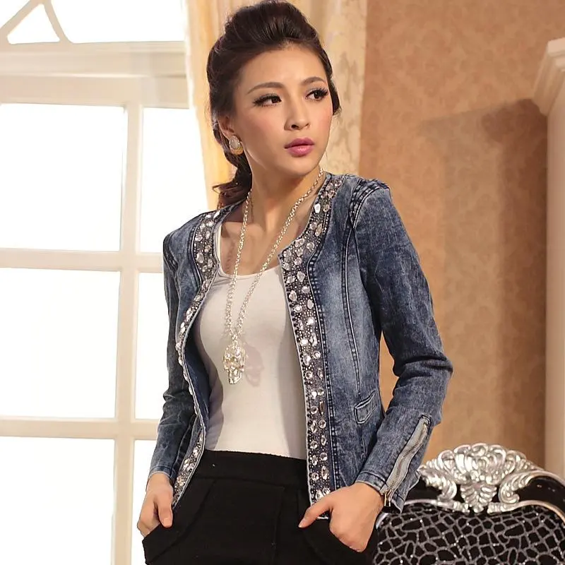 Women's Stretch Denim Retro Short Jacket - Rhinestone Sequin-Embellished Outerwear for Spring & Autumn Sports & Outdoor Tops, Denim Jacket, Coats, Rhinestones, Sporty Chic, Clothes, Casual, Stretch Fit, Retro Look, Multi-Size, Short Length, Rhinestones Tr