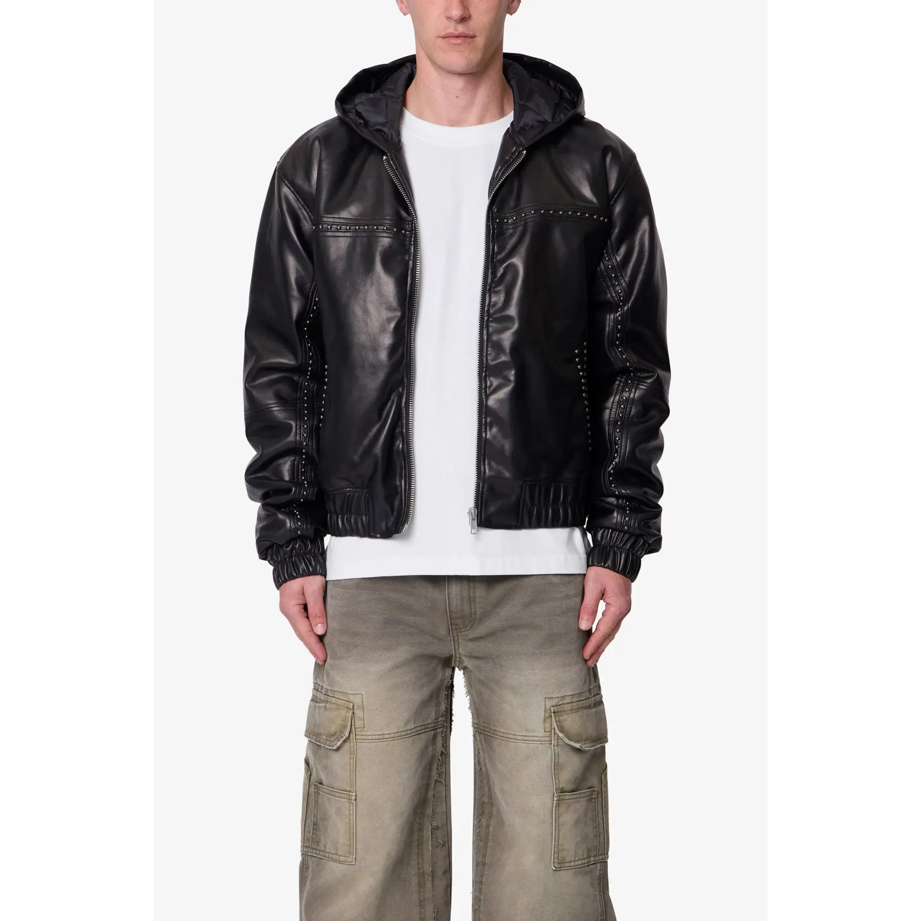 mnml Leather Hooded Stud Jacket - Black