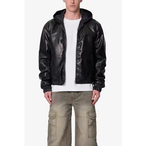 mnml Leather Hooded Stud Jacket - Black