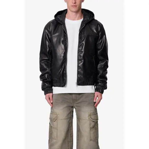 mnml Leather Hooded Stud Jacket - Black
