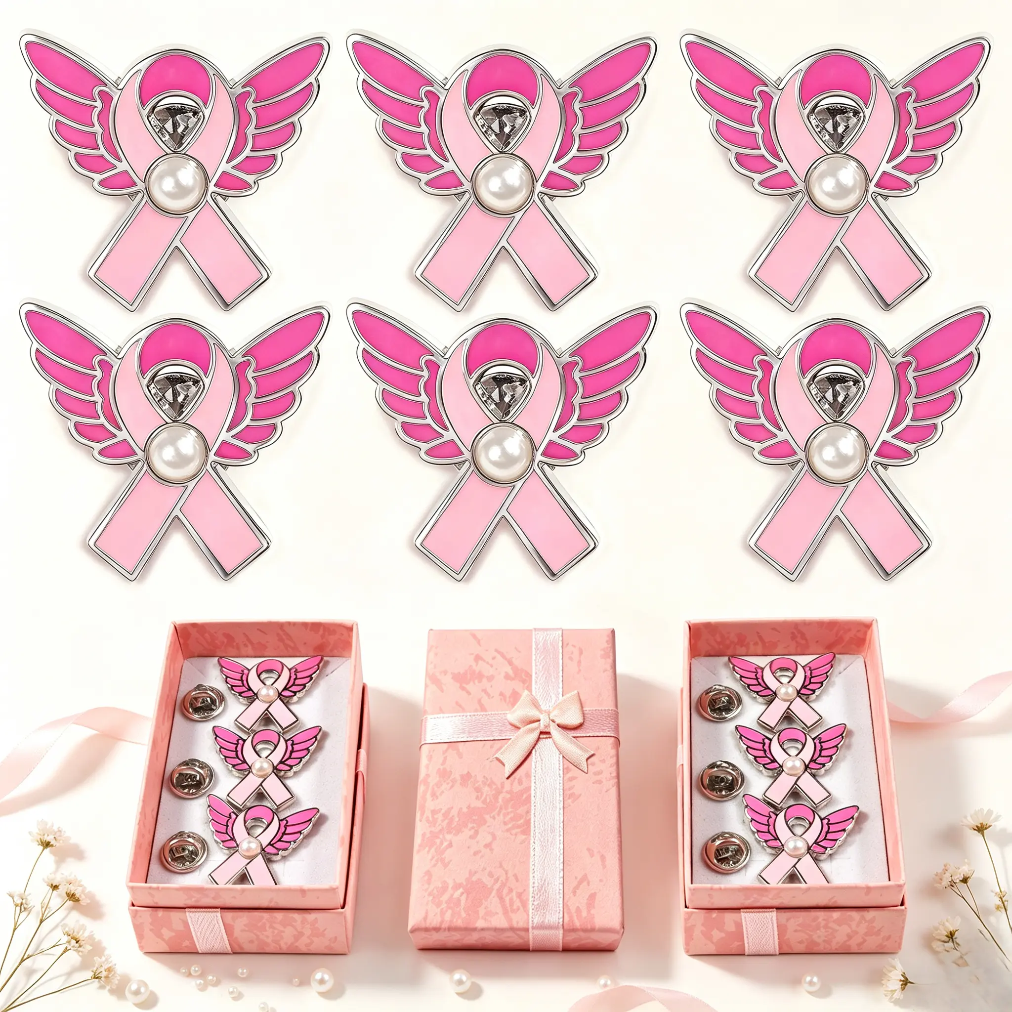 Women's 6PCS Enamel Craft Pink Ribbon Angel Wing Brooches - Metal Alloy, Lightweight Pins, Crystal Pearl Lapel Pins with 2 Gift Boxes, Party Wear Elegant Look Awareness Badge Clothing Decor Jewelry Gift