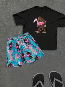 Men's Flamingo & Gorilla Print Tee & Drawstring Waist Shorts Set, Regular Fit Casual Crew Neck Short Sleeve T-shirt & Track Shorts, Men's Summer Clothes