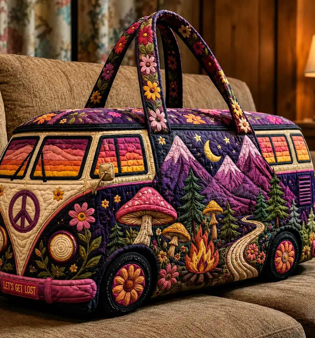 Boho Hippie Van Quilted DuffelBag for Women, Purple Mountain MushroomWeekender Travel Bag, Large CapacityOvernight Carry On Tote for Camping, RoadTrips, Gym, Vacation & Weekend Getaways