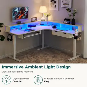 RedLemon L Shaped Electric Standing Desk, 60 inches Motor Height Adjustable Sit Stand Corner Desk with Led, Large Home Office Desk Computer Workstation, Antique White