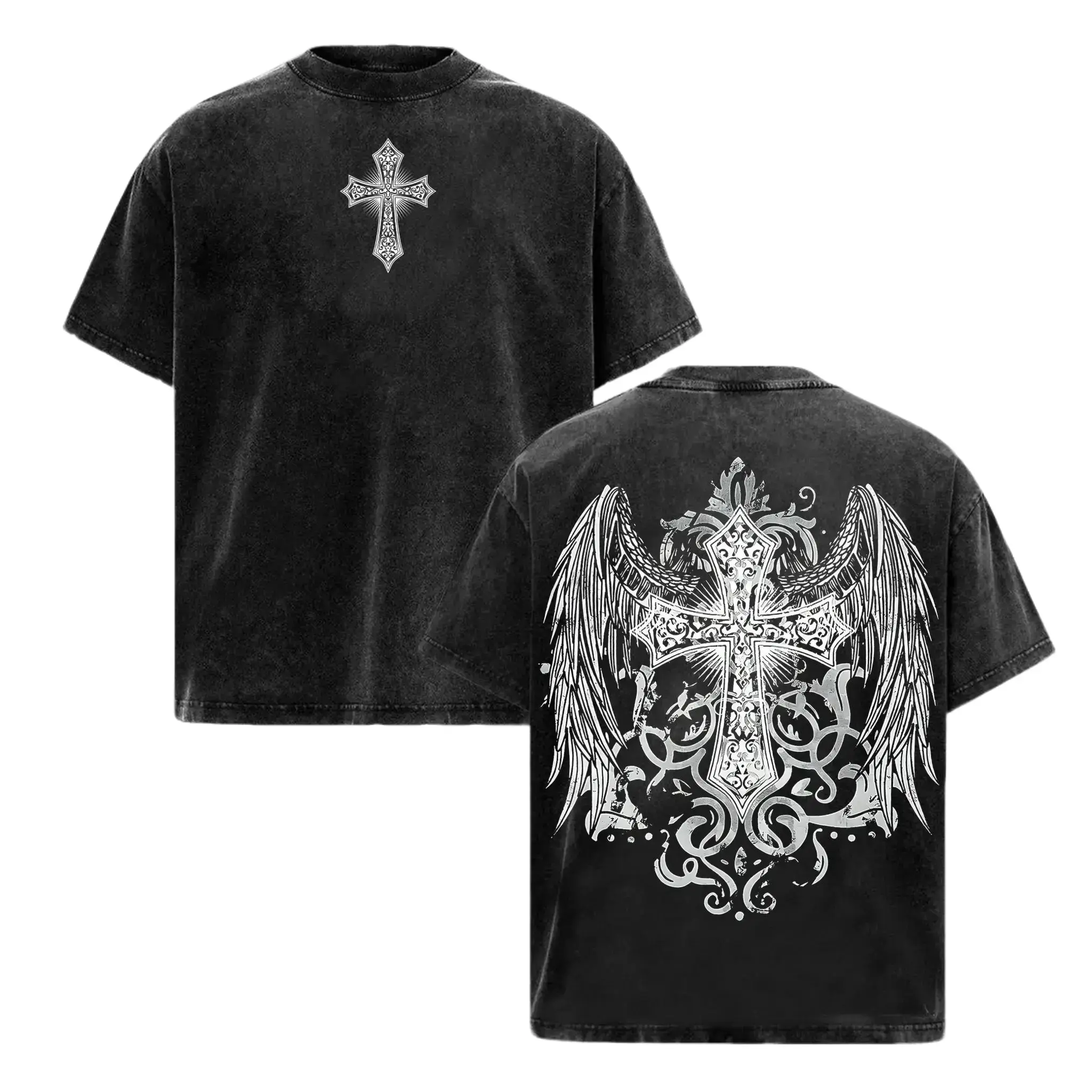 Reyzerati Cross And Wing Jesus Vintage Washed Graphic T-Shirt And Hoodie Round Neck Short Sleeve Summer Casual Everyday Top Machine Washable High Res 2D Effect Pure Black White Background Christian Streetwear God Apparel Faith Merch For Believers Gift