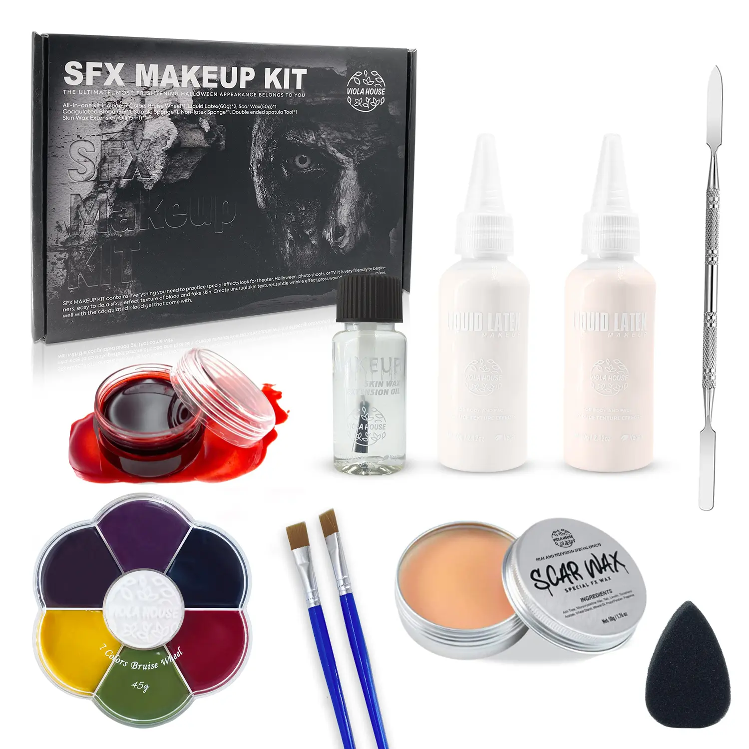SFX Halloween Makeup Multi-Pack - 6-Color Bruise Wound Face & Body Paint, Scar Wax, Scar Oil, Liquid Latex, Fake Blood, Spatula, Stipple Sponge, Brush - 6 Colors, Body Arts Suitable, No Harmful to Skin, All Skin Types Friendly, Not Harmful To The Skin, Re