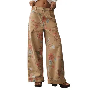 Women? Vintage floral wide-leg high-waisted washed denim jeans with a rolled hem, loose straight-leg fit—casual streetwear retro style for all seasons, trendy wardrobe essential fabric fashion womenswear