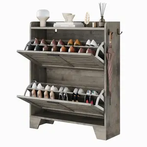 YJ-Garvee Slim Self-Standing Shoe Organizer with 2 Flip-Down Drawers and 2 Side Hooks, Ideal for Entryways, Available in Gray and Rustic Brown Finishes