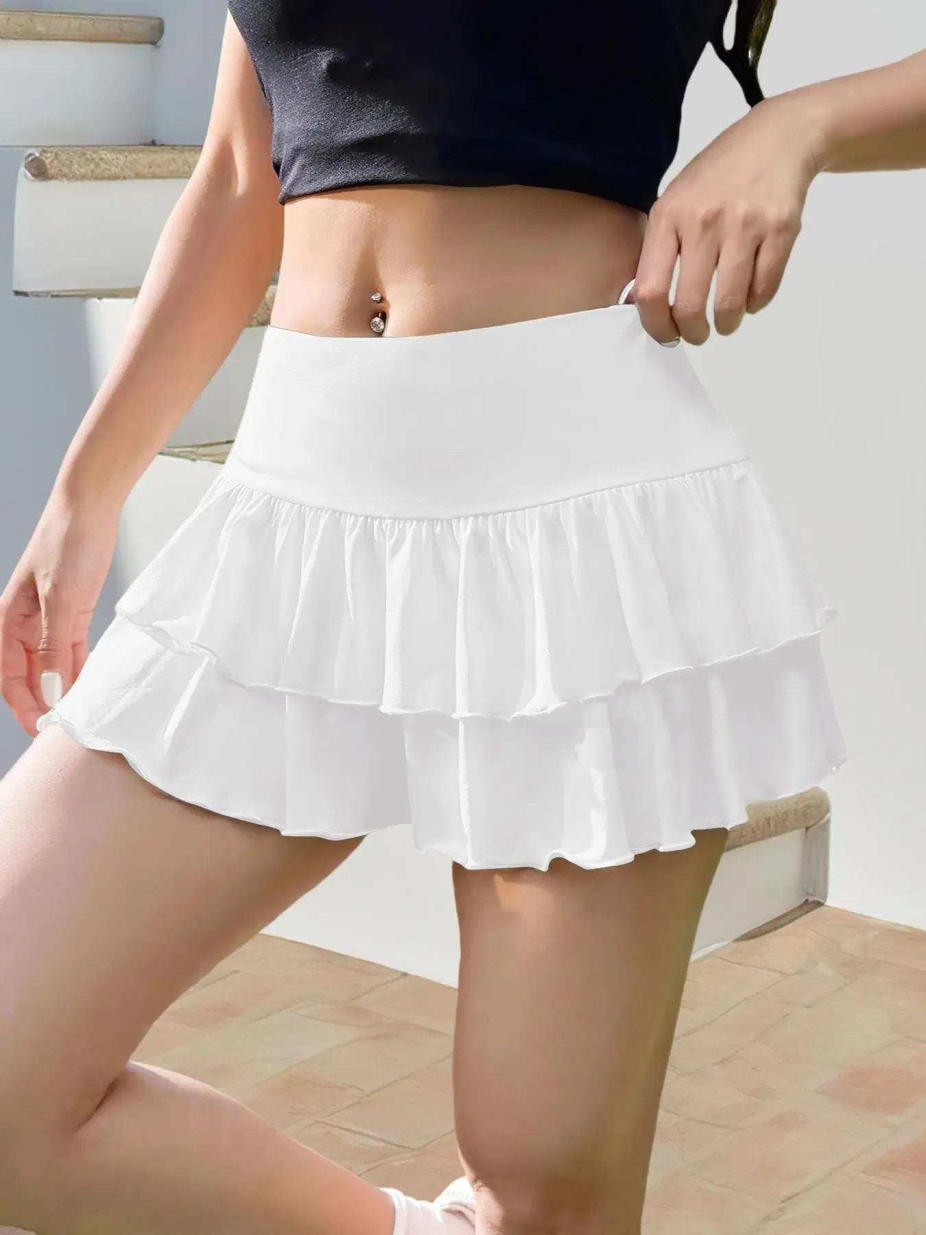 Ballet Style Basic Layered Ruffle Cake Skirt, High Waist Slimming Soft Lightweight Chiffon Fabric, Solid Color Girlish Midi Skirt, Casual Loose-Fitting Skirt