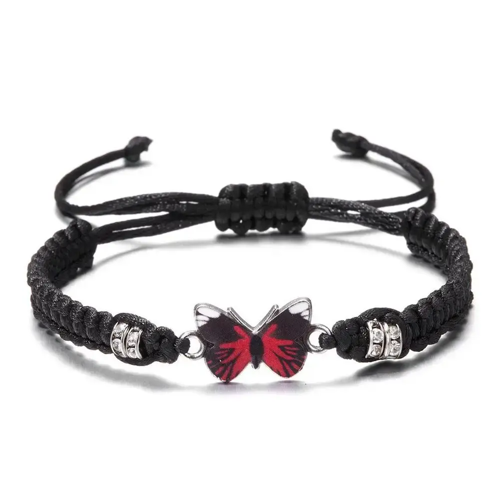 Women's Adjustable Hand-Woven Lucky Black Red String Rope Bracelet with Butterfly Charm, Friendship Gift for Girls