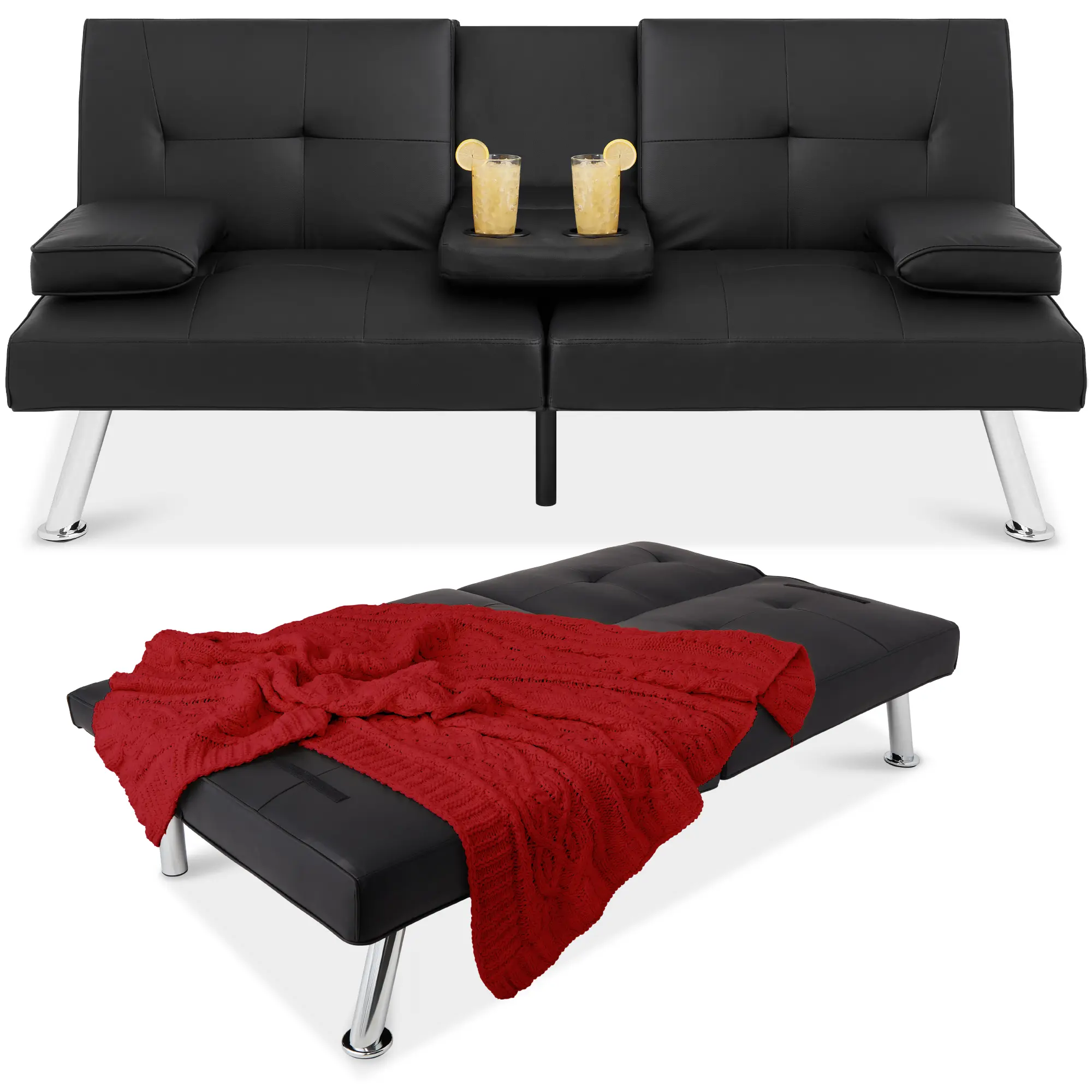 Best Choice Products Modern Faux Leather Convertible Futon Sofa w/ Removable Armrests, 2 Cupholders Best Choice Products Modern Faux Leather Convertible Futon Sofa w/ Removable Armrests, 2 Cupholders