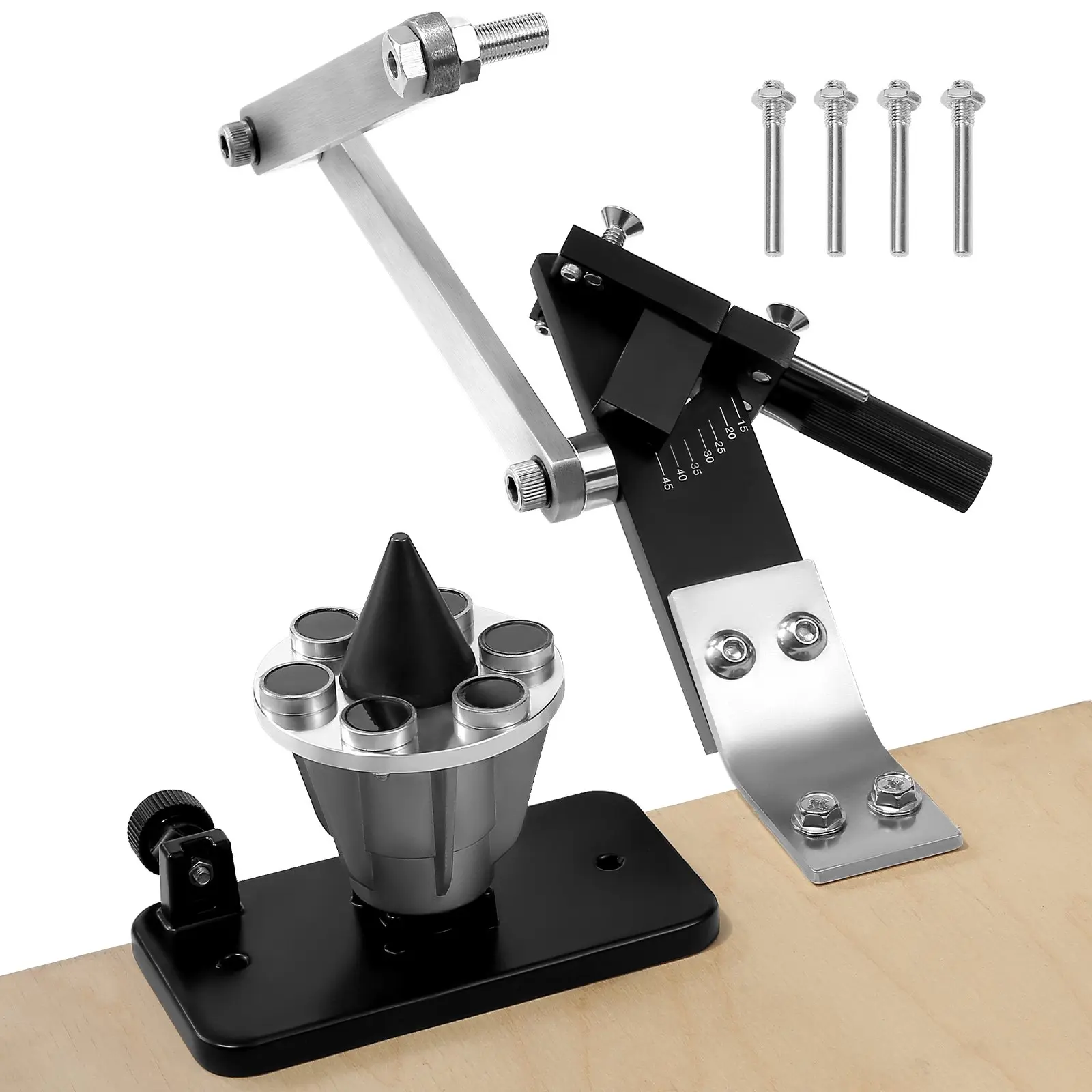 【Summerfinds】VEVOR Hardware Lawn Mower Blade Sharpener & Balancer, 15°-45° Adjustable Tool with 4 Adapter Pins, Ball Bearings, 25mm Enlarged Handle, Magnets, 0.28" Thickness, 2.76"-5.51" Width, 11.81x5.91x6.30 in, Compatible with Most Angle Grinders,, Alu