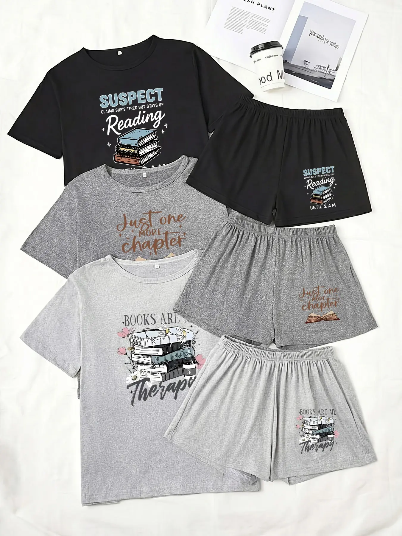 Three-Piece Pajama Set for Women, Short Sleeve and Shorts, Letter Book Print, Casual Loose-Fitting Sleepwear, Comfortable Nightwear, Relaxed Fit Loungewear Pjs Set, Pajamas Lounge Set, Loose Lounge Clothes