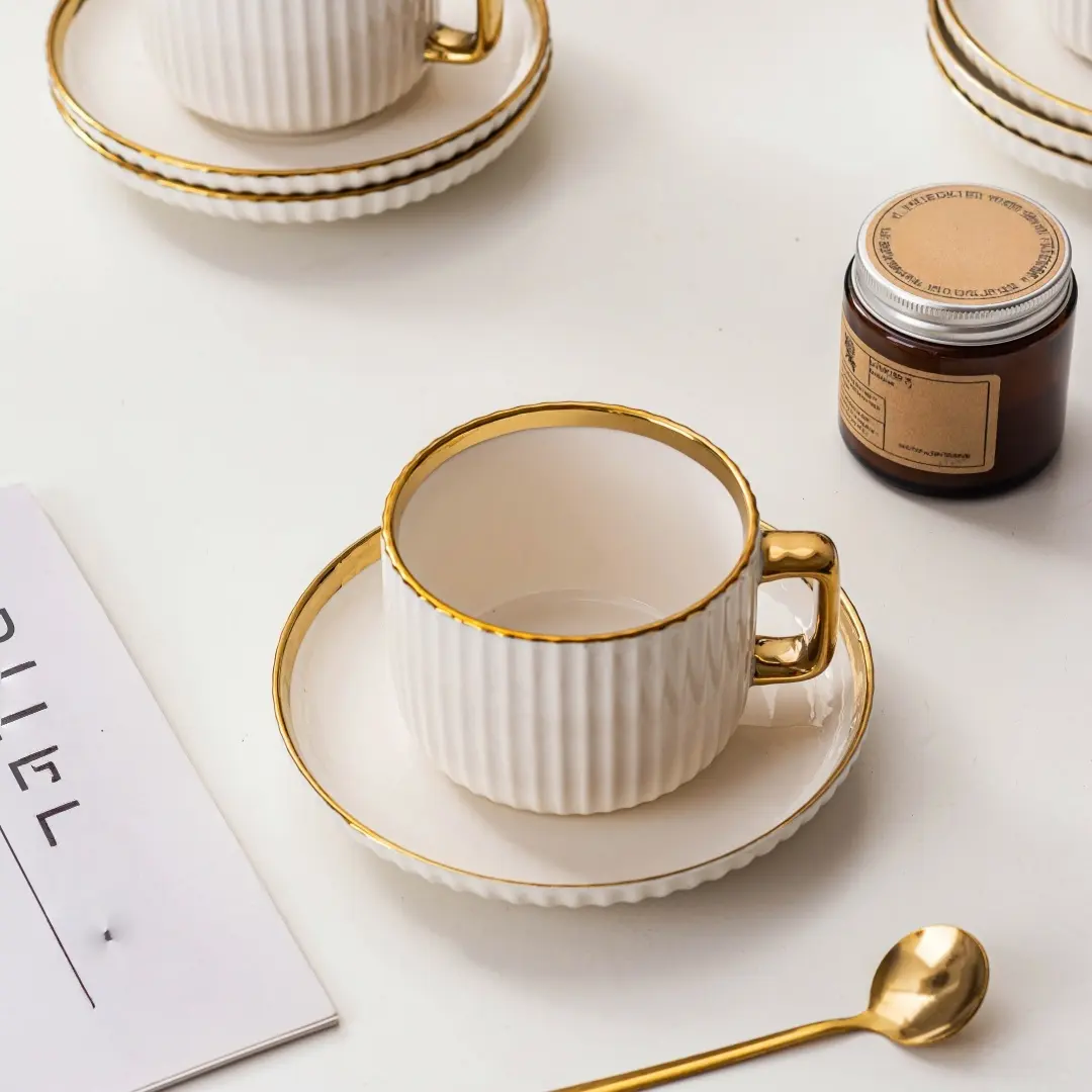 Vintage Gold Edge Ceramic Coffee Cup Set with Spoon, Luxurious Afternoon  Tea Latte Cup and Saucer, Perfect for Weddings and Gifts, Coffee Cups Gift  - TikTok Shop