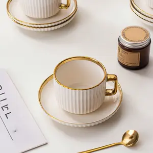 Vintage Gold Edge Ceramic Coffee Cup Set with Spoon, Luxurious Afternoon Tea Latte Cup and Saucer, Perfect for Weddings and Gifts, Coffee Cups Gift