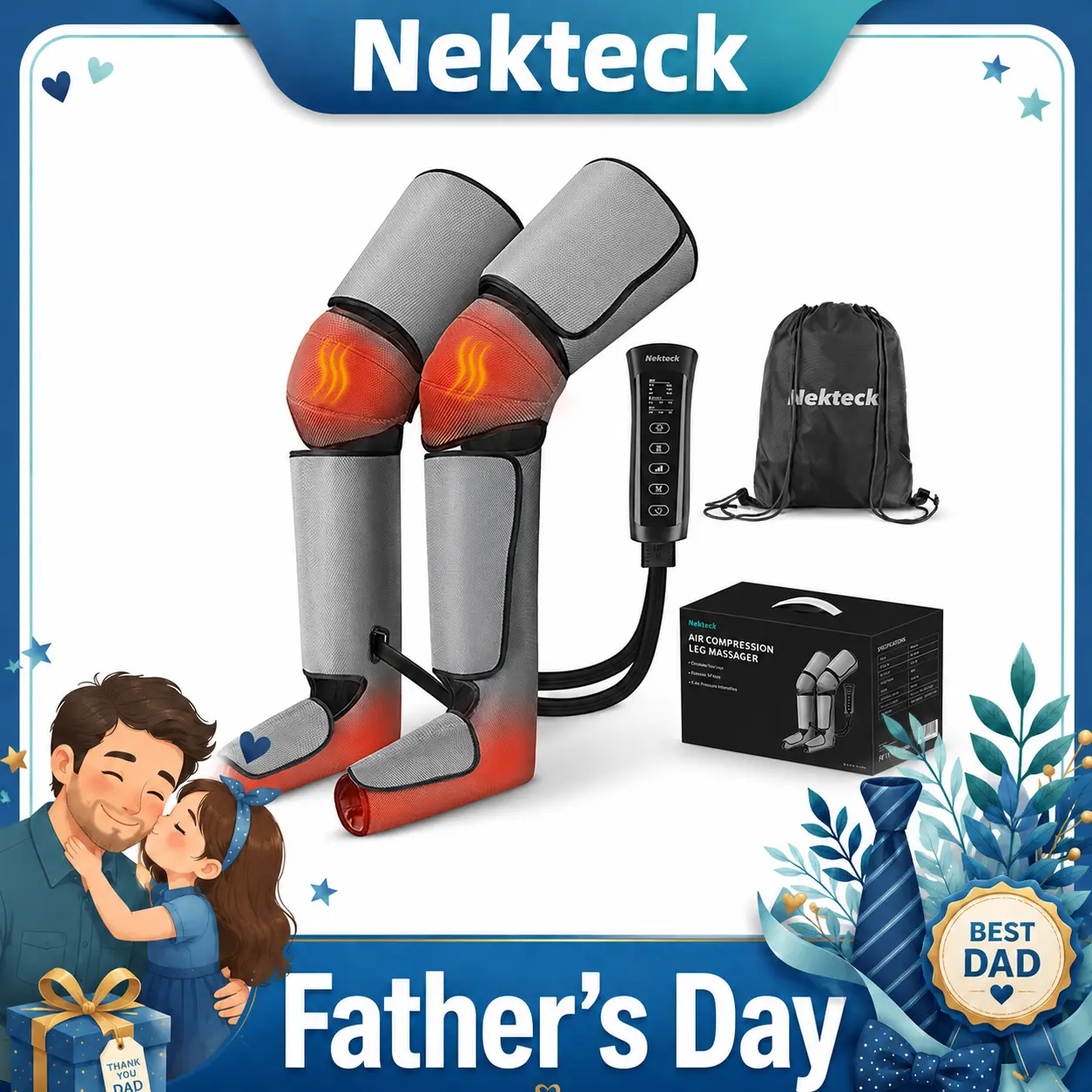 Nekteck Leg Massager for Circulation and Pain Relief Air Compression Foot Calf Thigh Massager with 2 Heat and 3 Vibration 6 Modes 3 Intensities