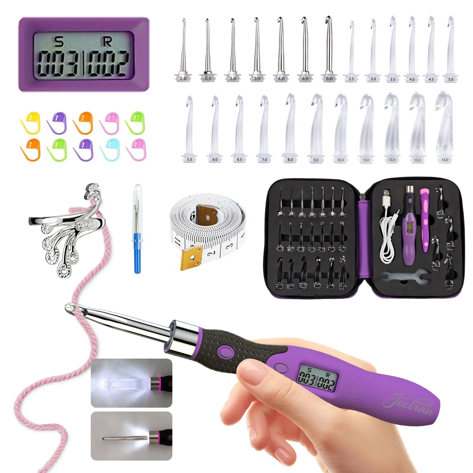 Jeciran Upgraded 24-in-1 Light-Up Counting Crochet Hook Kit, Ergonomic Anti-Slip Grip, LED Illumination, Real-Time Row Tracking, Smooth Interchangeable Heads, Crochet Kit