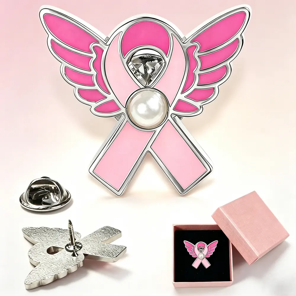 Pink Ribbon Angel Wing Pearl Enamel Lapel Pin, Breast Cancer Awareness Brooch, Decorative Clothes Badge, Survivor Support Jewelry Gift, Comes in Gift Box