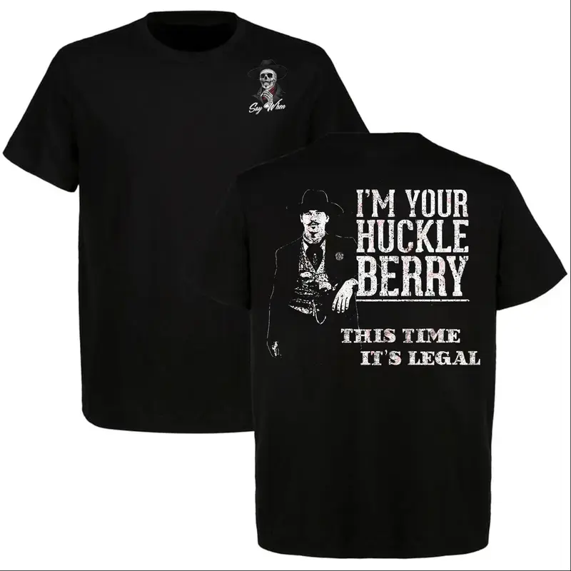 Men's Graphic T-Shirt - "I'm Your Huckleberry" Tombstone Quote, 100% Cotton with Short Sleeves and Double-Needle Hem, Menswear, Tops