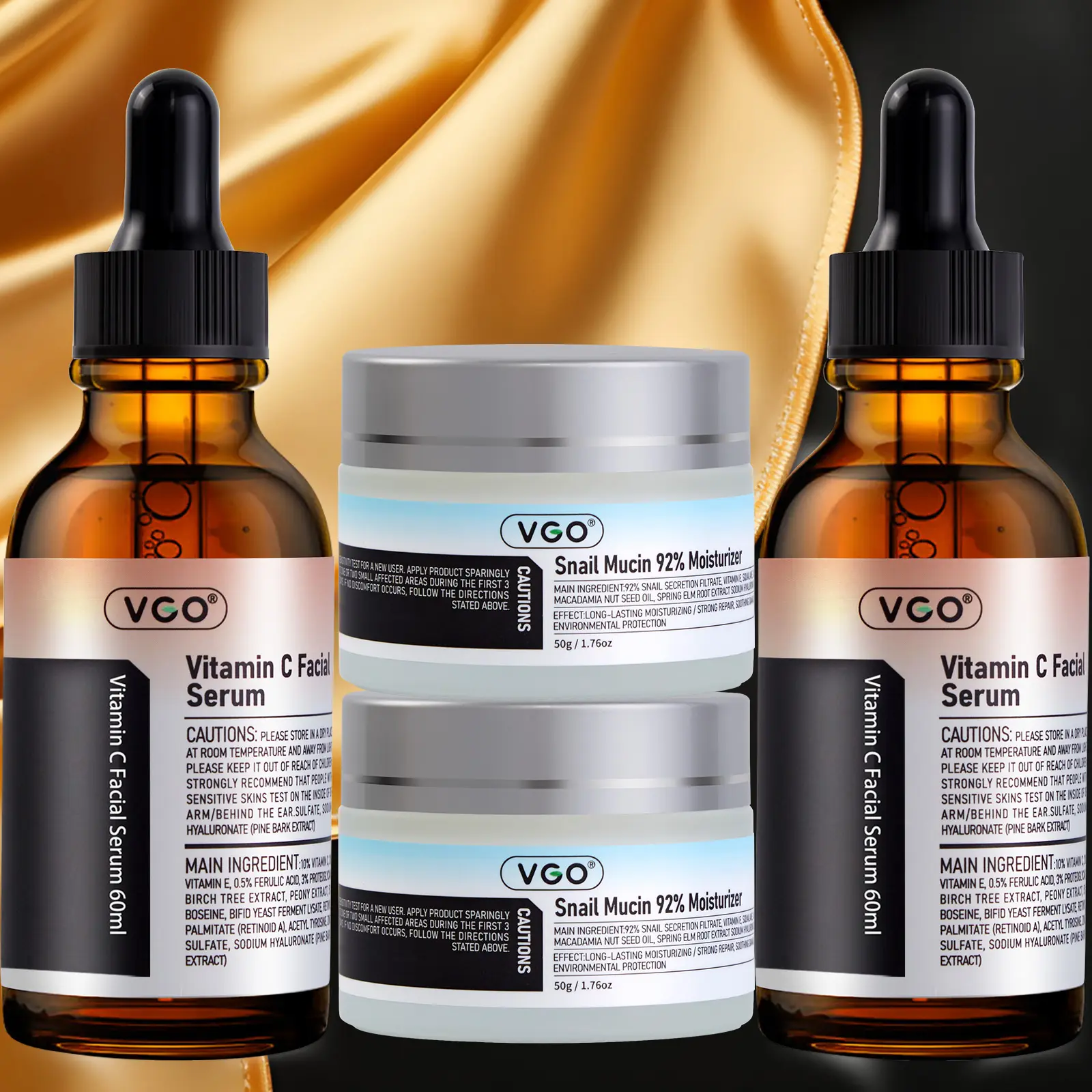 VGO Unisex Adult Skincare Set - 30ml /60ml Vitamin C Serum + 92% Snail Secretion Filtrate Moisturizer (250g), Gentle Daily Formula for Morning Routine, Hyperpigmentation Treatment, Oil Control, Soft Skin, All Skin Types, Snail Mucin, Acne Care