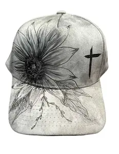 Twisted K llc Suede Grey Sunflower and Cross Trucker Hat with Solid Back, Custom Hat, Adjustable