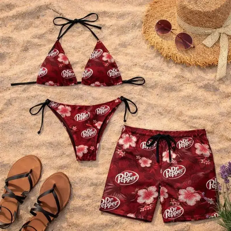 Dr Pepper Red Floral Bikini Set & Matching Swim Trunks, Couples Swimwear, Tropical Hibiscus Bathing Suit, Summer Vacation Gift for Her Him