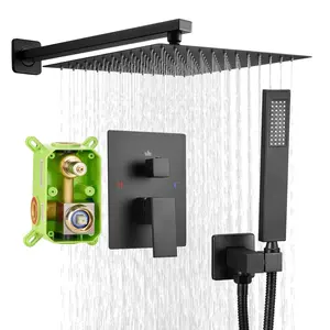 Shower Faucet Set 12-Inch Square Rain Shower Head And Hand Shower Combo In Matte Black Finish For Modern Bathroom Remodel, Wall-Mounted Design, Easy Installation, High-Pressure Water Flow, Durable Stainless Steel Construction