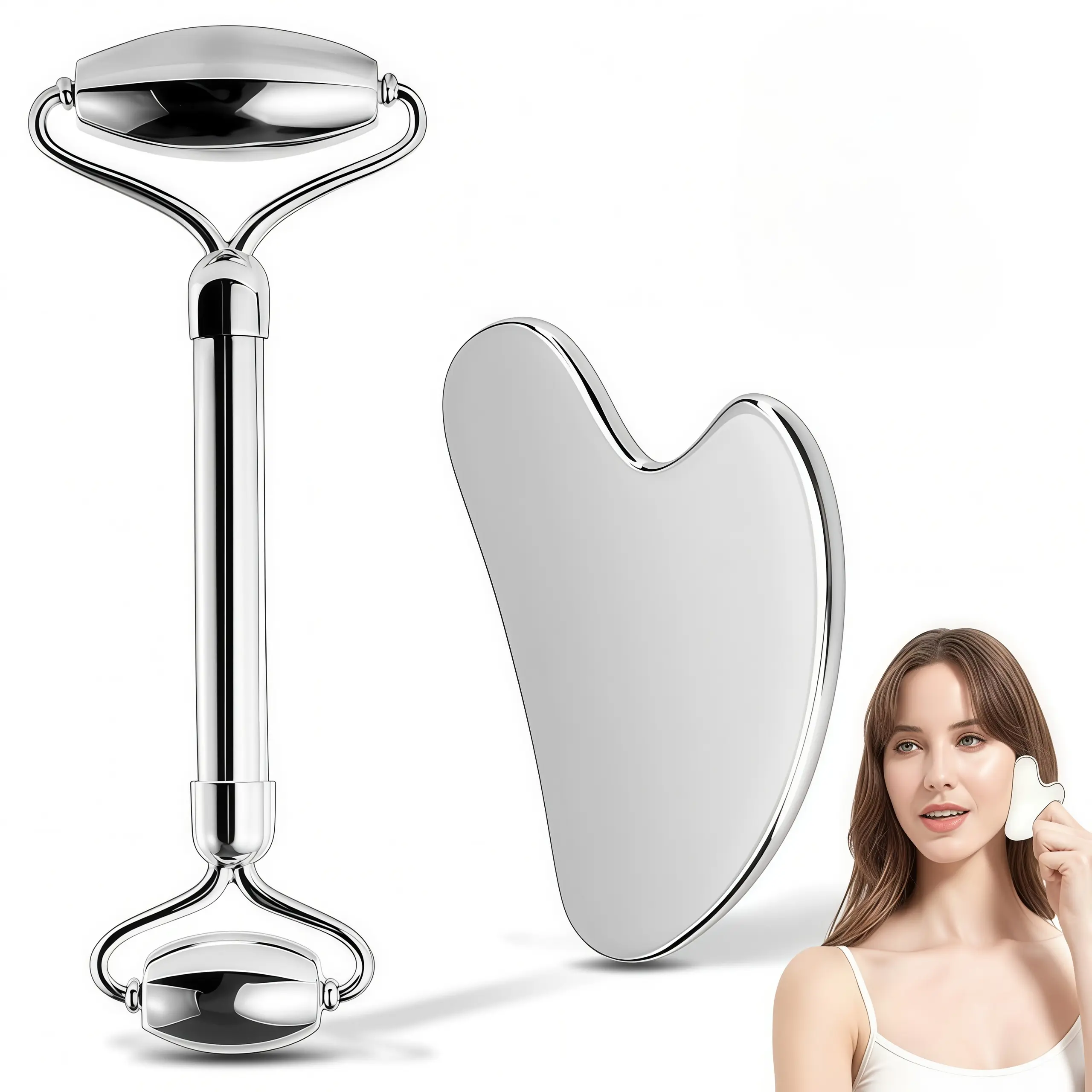LMMAKE 1SET Food Grade Stainless Steel Face Roller & Gua Sha Roller Tool - Beauty & Body Care Manual Facial Massager for Face/Body, Daily Use on Eyes & Neck, Reduces Wrinkles, Lifts & Tightens Skin