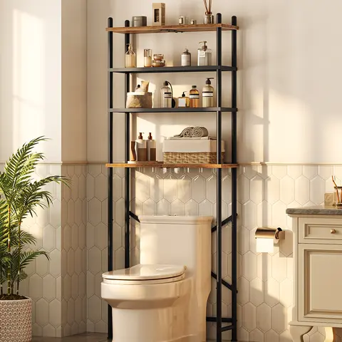 HOOBRO 4-Tier Over the Toilet Shelf with Metal Frame, Freestanding Bathroom Organizer with Adjustable Feet, Heavy-Duty Legs, Bend-Free Access, Easy Assembly, Maximizes Vertical Space, Fits Most Toilets, Rustic Brown & Black