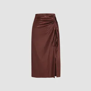 Cider Satin Drawstring Split Midi Skirt