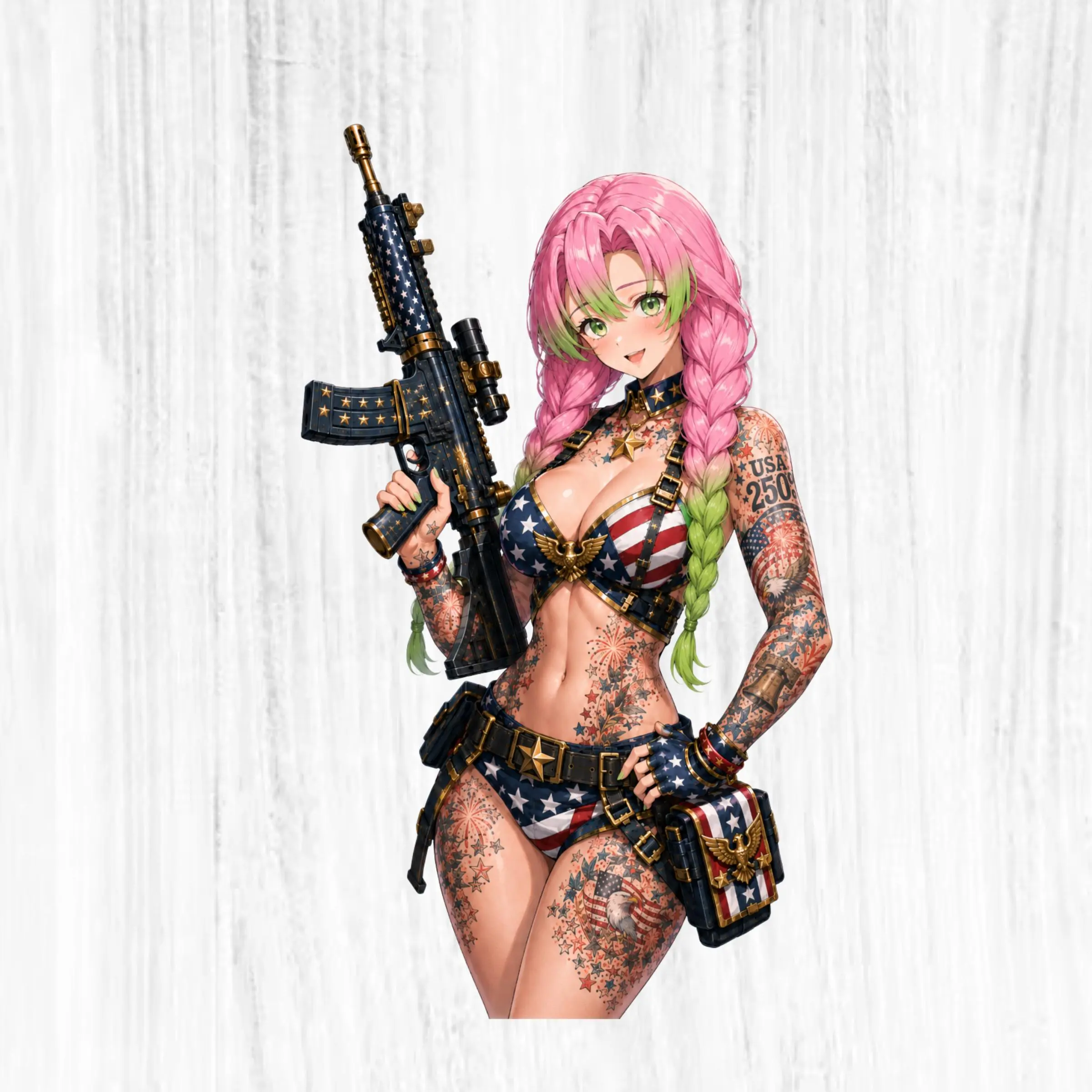 Mitsuri Pink Braids Patriotic Anime Girl Sticker, USA 250 Tactical Waifu, American Flag Tattoo Decal