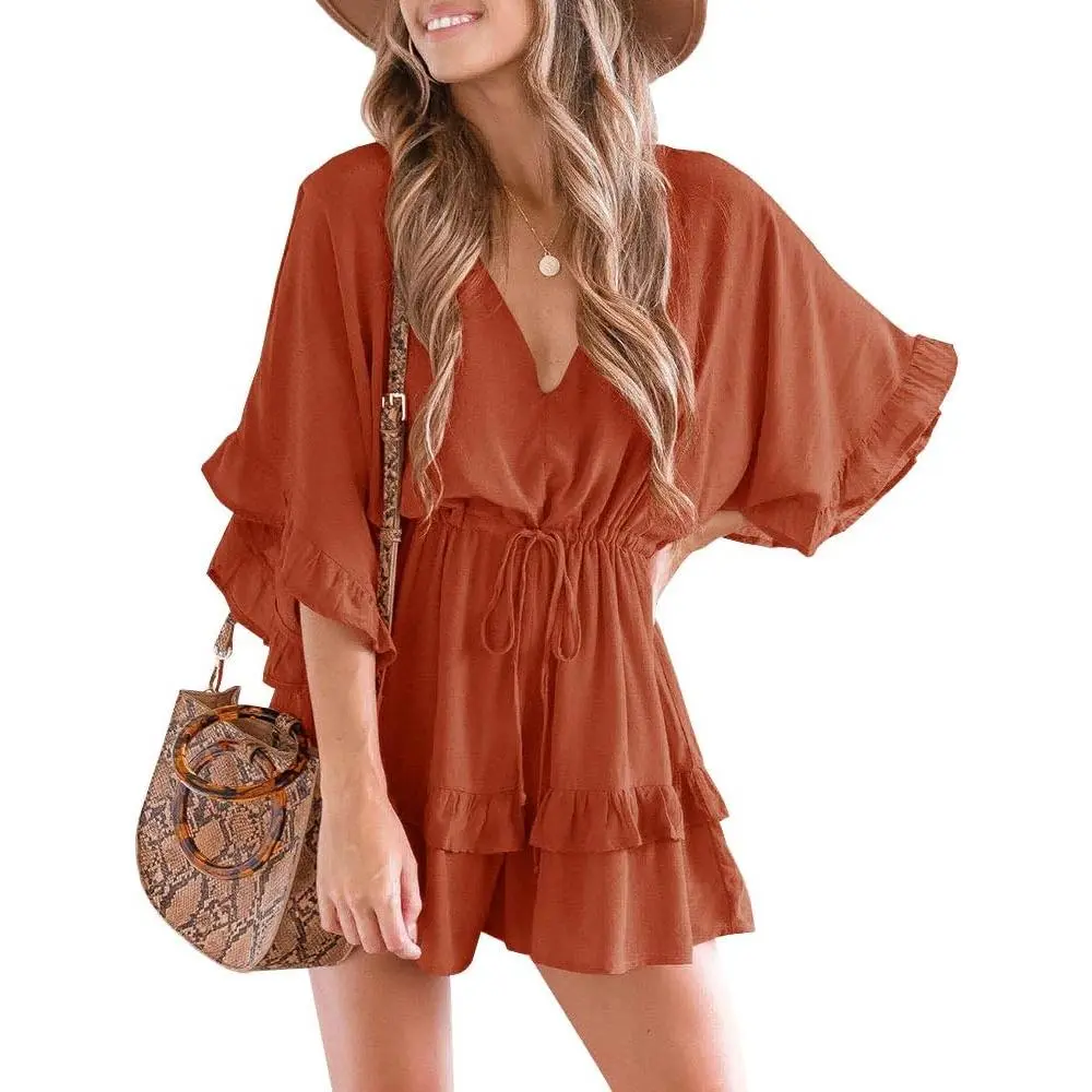 Imily Bela Womens V Neck Beach Romper Ruffle Layered Drawstring Waisted Shorts Jumpsuit