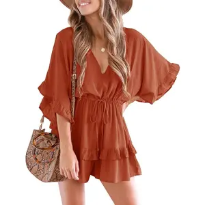 Imily Bela Womens V Neck Beach Romper Ruffle Layered Drawstring Waisted Shorts Jumpsuit