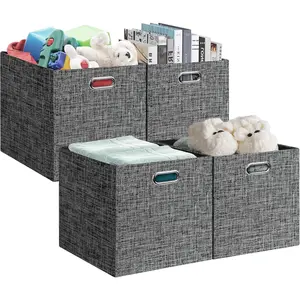 13x15x13in Collapsible Storage Bins, Fabric Foldable Cube Storage Boxes, Decorative Storage Baskets Organizer for IKEA Kallax, Shelves, Closet, Clothes, , Set of 4-Black