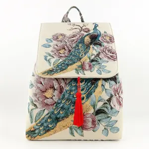 Vintage Floral Embroidered Backpack with Peacock Design – Lightweight Drawstring Daypack for Women