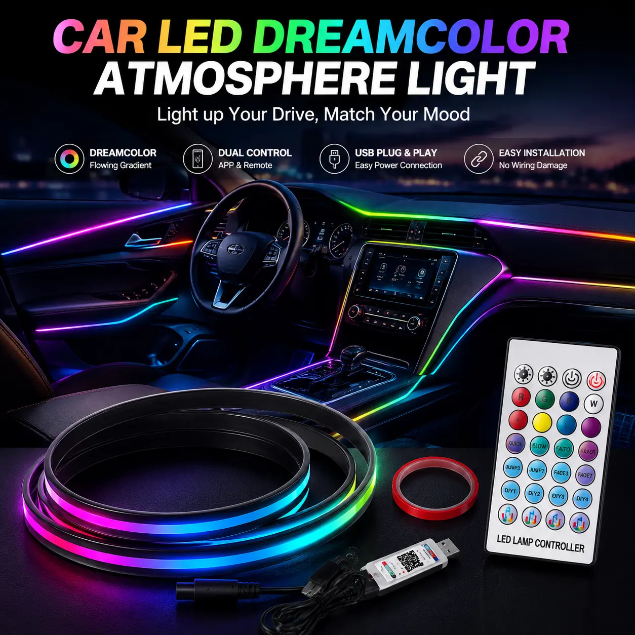 Car Atmosphere Lamp - Portable Automotive RGB Intelligent Interior Decorative Recessed Lights Kit with DIY Mode, 2-in-1 110cm+110cm Acrylic Cold LED Lights, Charger for Cars, Boats, Houses