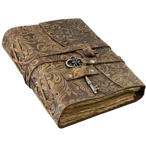 Embossed Leather Journal with Antique Key Vintage Pages Handmade Sketchbook Notepad Travel Journaling Book 7x5 Inch