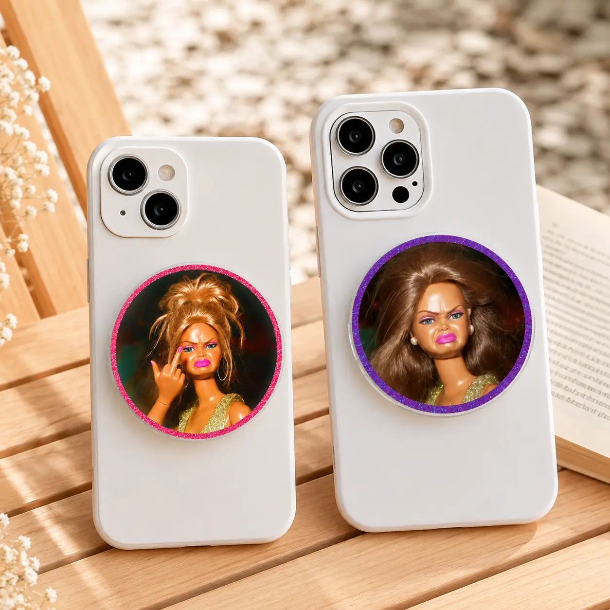 Disgusted Doll Face Phone Grip, Retro Pop Culture Accessory