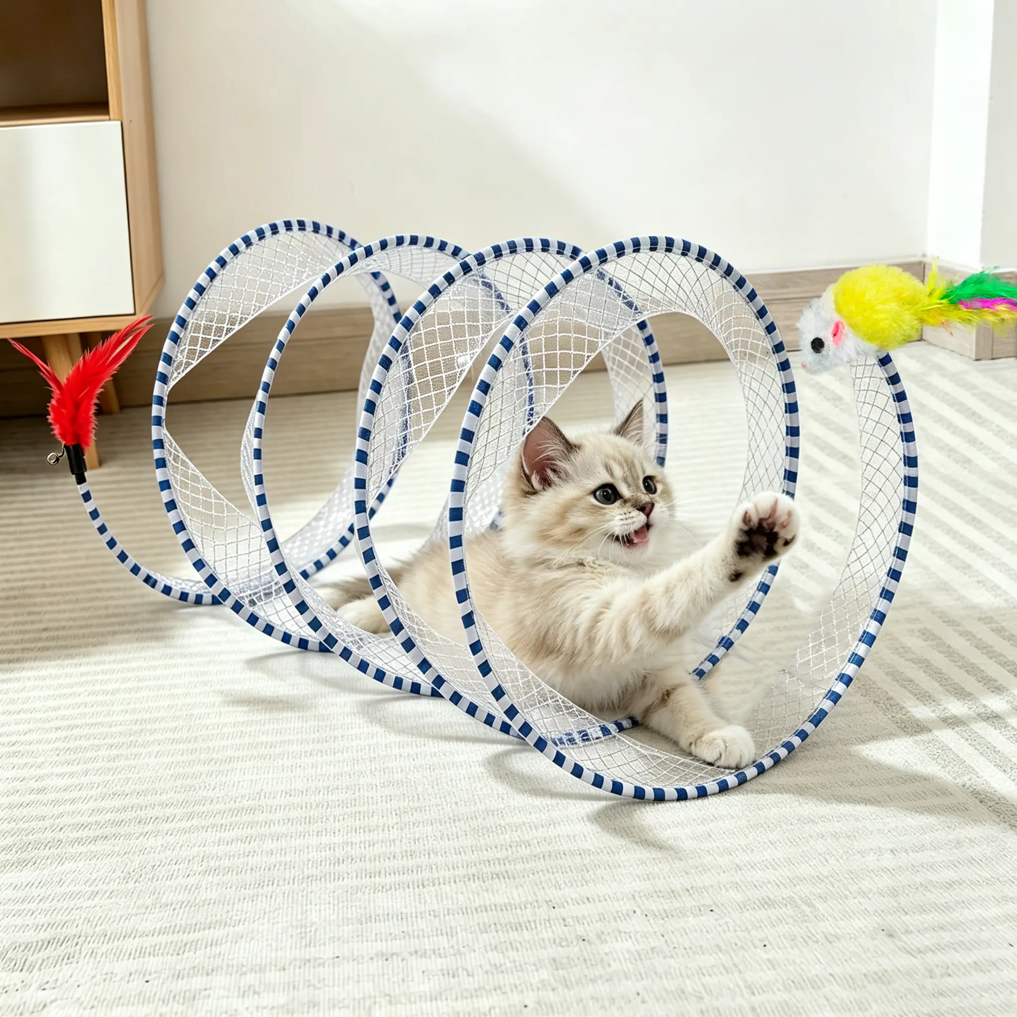 Cat Tunnel Toy for Indoor Cats, Portable Spring Fold Collapsible Play Tunnel with Mesh Fabric, Feather, Bell, 20" Unfolded, 2 Color Options for Active Play & Exercise Boost