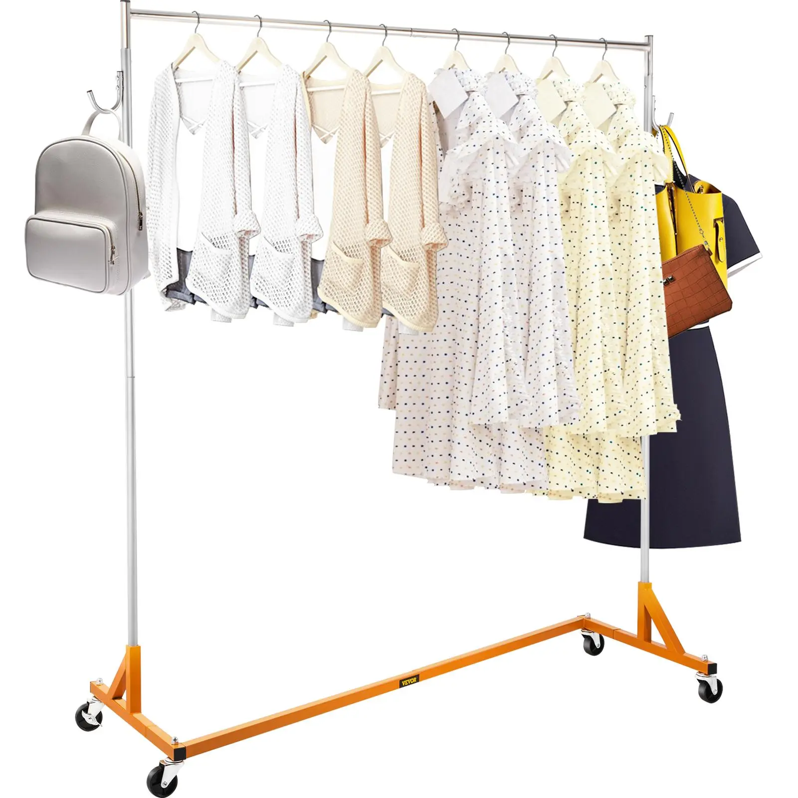 【summerfinds】VEVOR Heavy Duty Stainless Clothes Hanging Rack, Industrial Grade Z-Base Rolling Unit, 70.9"/180cm Height-Adjustable Steel Frame with Lockable Casters for Home & Garment Store Display