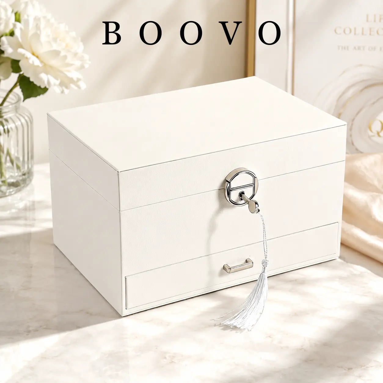 BOOVO Eco-Friendly Modern Rectangular PU Leather Large 3-Tier Lockable Jewelry Organizer with Key Lock, Velvet Compartments, Drawers, Metal Necklace Hooks, Ring & Earring Storage, Countertop Storage Organization Gift for Women