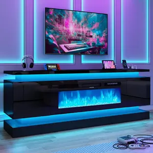 【2Packages Shipping】71" Fireplace TV Stand with 40" Fireplace, LED Lights & Power Outlet for 85/80/75 Inch TV, Modern Gaming Entertainment Center with High Gloss Cabinet, Media TV Console for Living Room (Black/White)